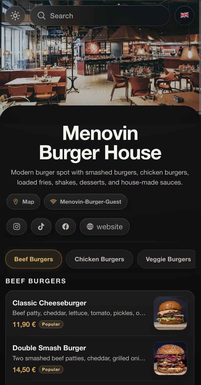 Menovin Burger House mobile menu demo