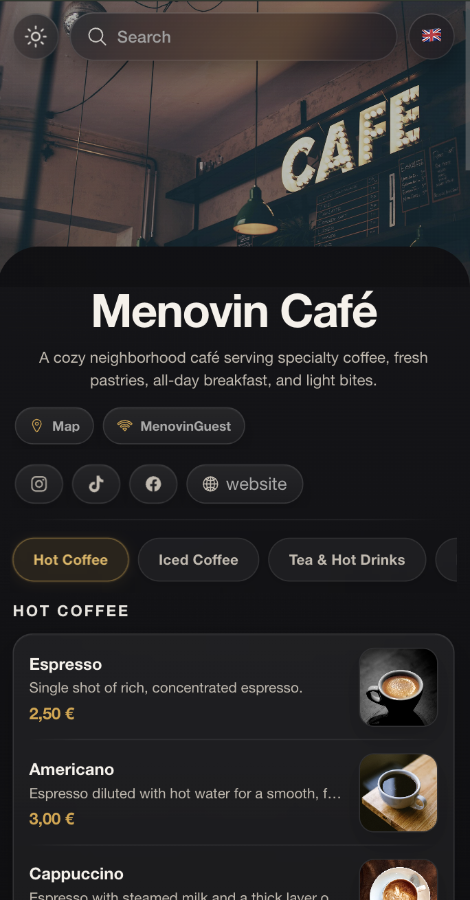 Menovin Café mobile menu demo