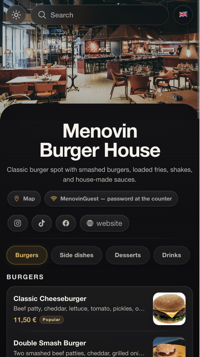 Menovin digital menu – dark theme showing a burger restaurant menu