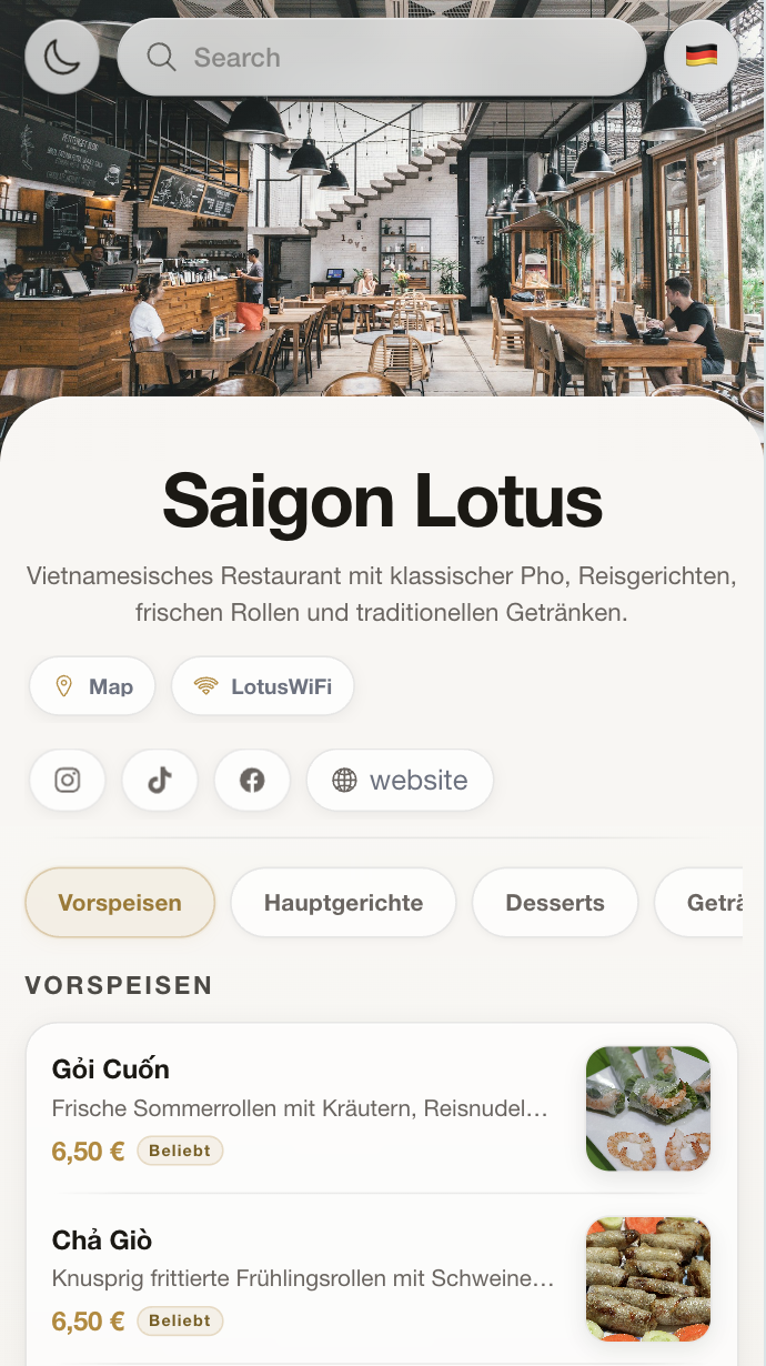 Menovin digital menu – light theme showing a restaurant menu with food photos and categories